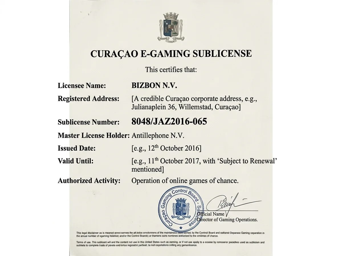 Скан лицензии Кюрасао № 8048/JAZ2016-065, выданной компании BIZBON N.V., официальный документ на белом фоне