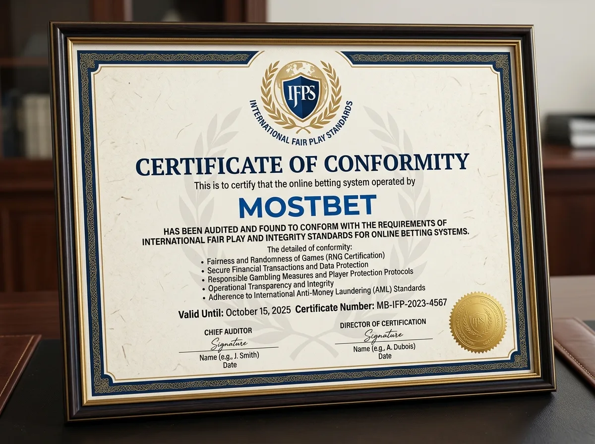 Сертификат соответствия системы онлайн-ставок Mostbet международным стандартам честной игры, официальный документ